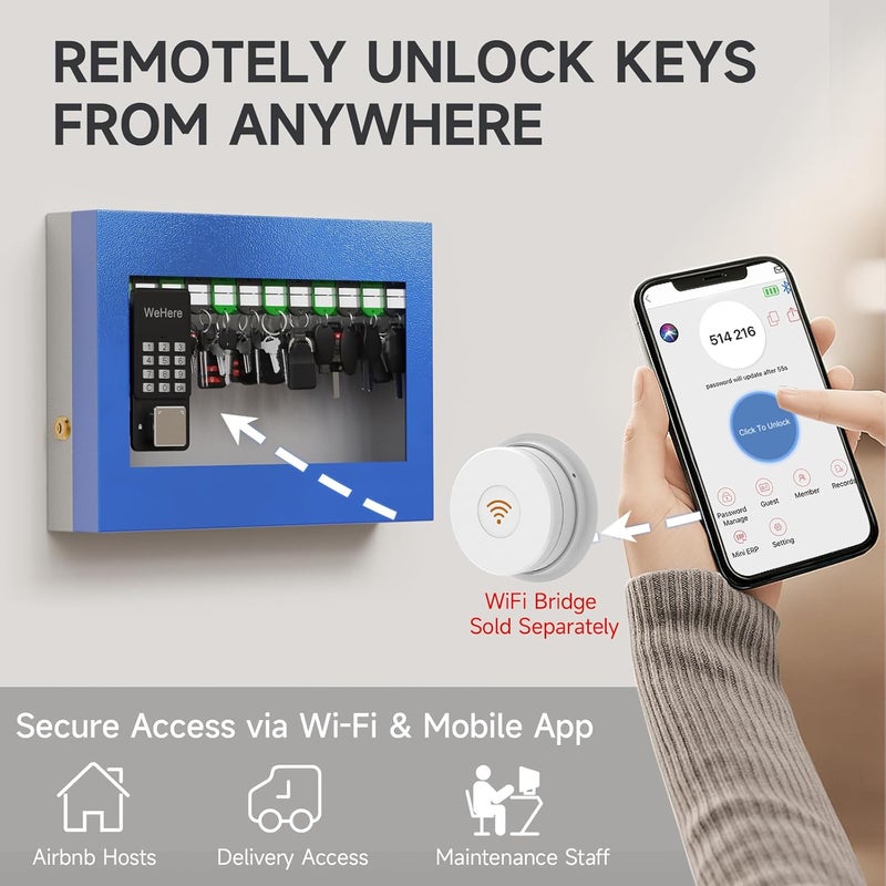 WeHere 24 Key Lock Box Wall Mount, Securty Key Cabinet with Key Tags, Key Organizer Box for Business, Home, Office, Hote, Garage, APP Bluetooth/OTP/Fixed Code/Key/Wi-Fi Unlock, Tempered Glass Door - Image 4